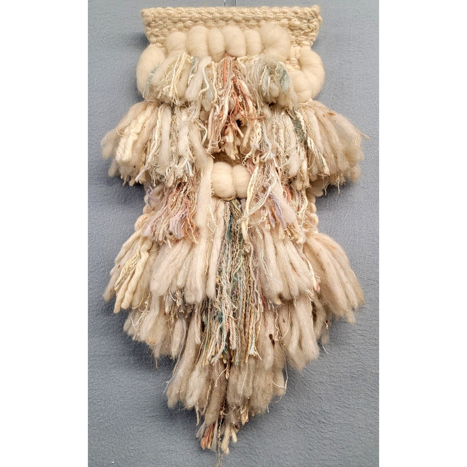 Handwoven Wool Fiber Art Wall Hanging Boho Macrame Textile Tapestry Neutral