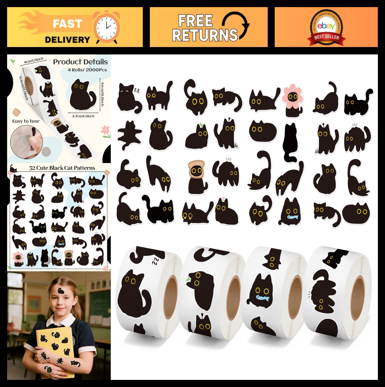 Cute Black Cat Stickers – 2000Pcs Cartoon Decals for Kids, Water Bottles, Laptop