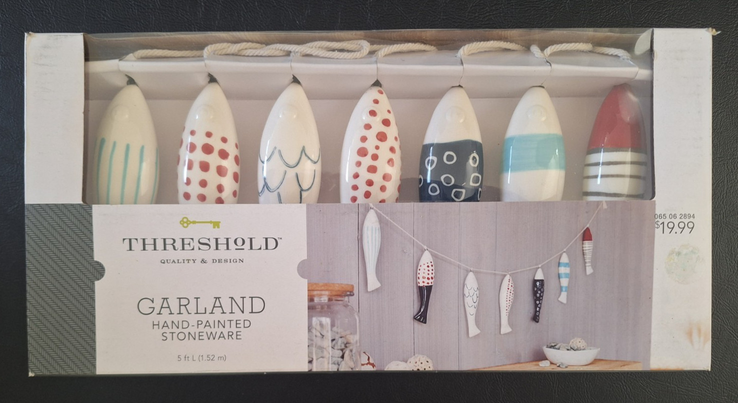 NEW Threshold Hand Painted Stoneware Garland 7 Unique Fish on 5 Ft String Beach