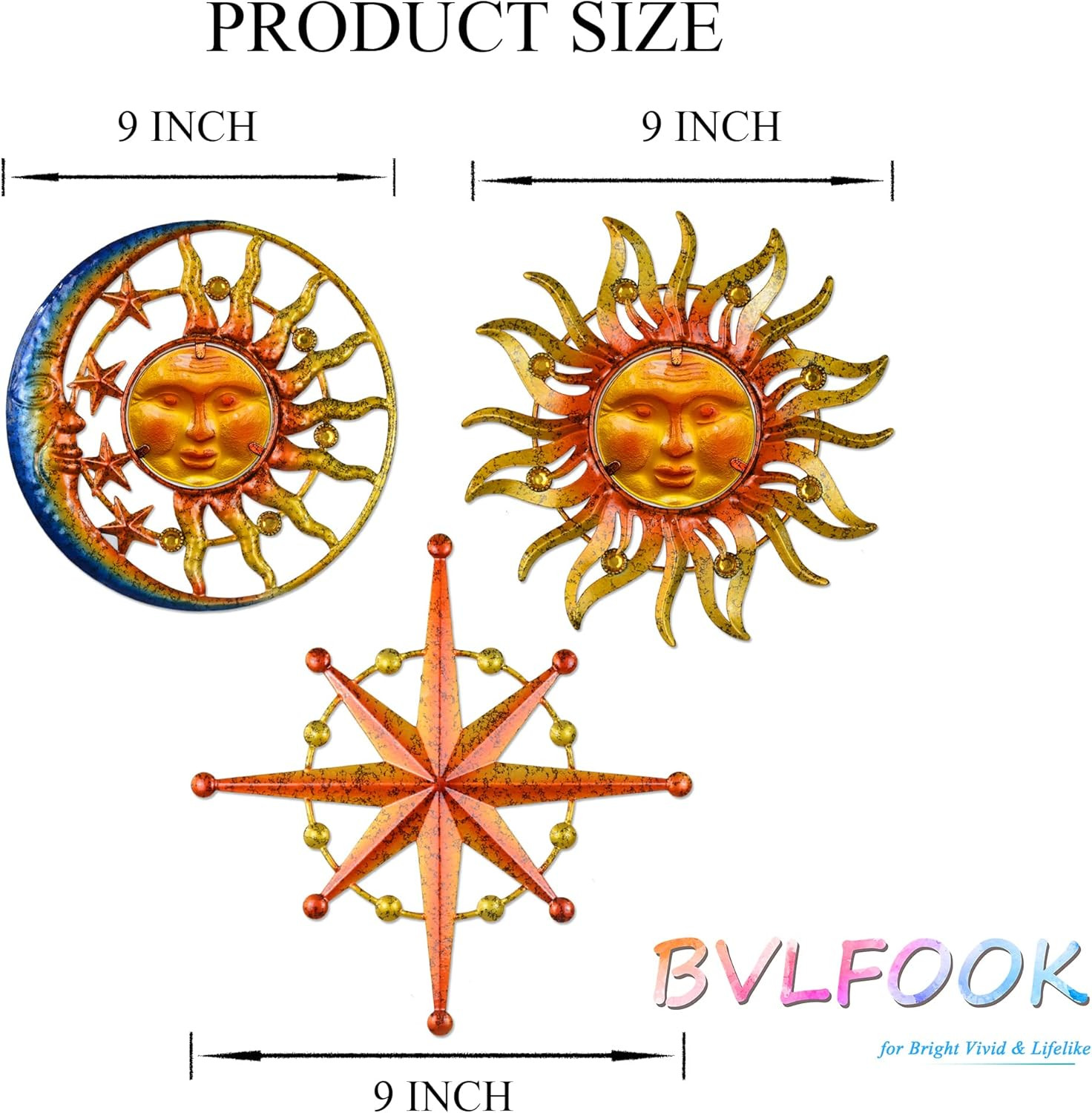 Sun Moon Star Metal Wall Art, Glass Sun Face Weird Decor, Set of 3, Valentine Wa