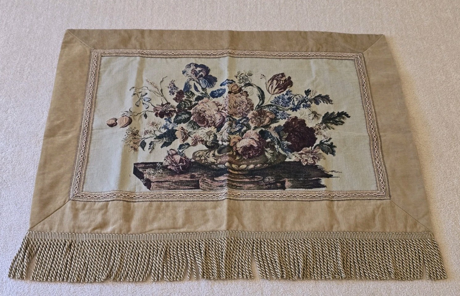 French Country Tapestry Wall Hanging Gold Tan Woven Floral Trim Fringe 44″ X 37″