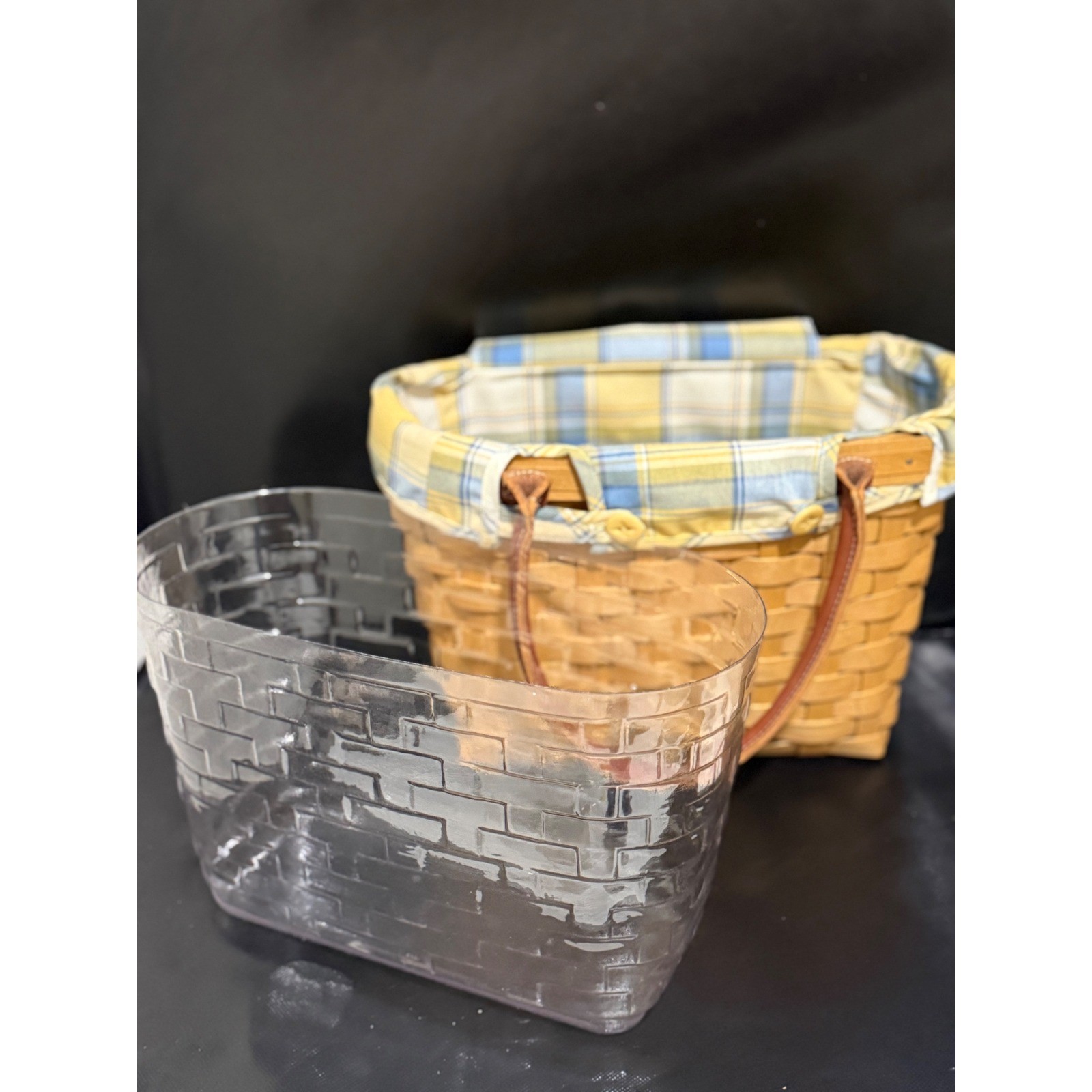 VTG Large Longaberger Boardwalk Basket/Fabric Liner /Leather Handle/RETIRED 2003