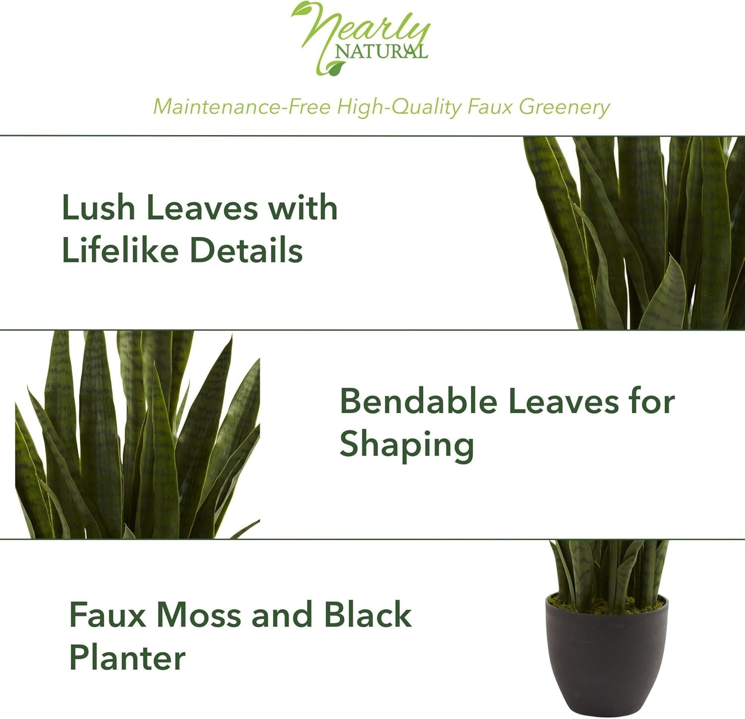 35In Artificial Snake Plant, Sansevieria Faux Greenery with Black Planter for In