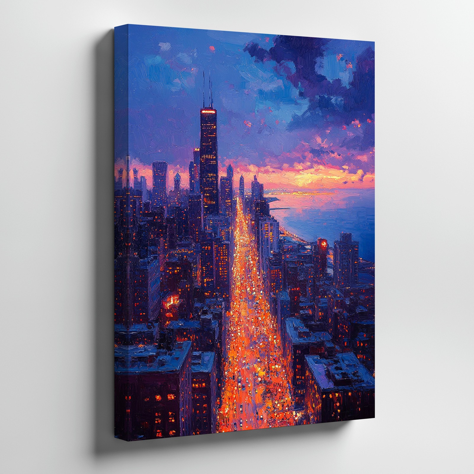 Cityscape Canvas Wall Art Chicago Skyline Sunset Illuminated Street Urban Print