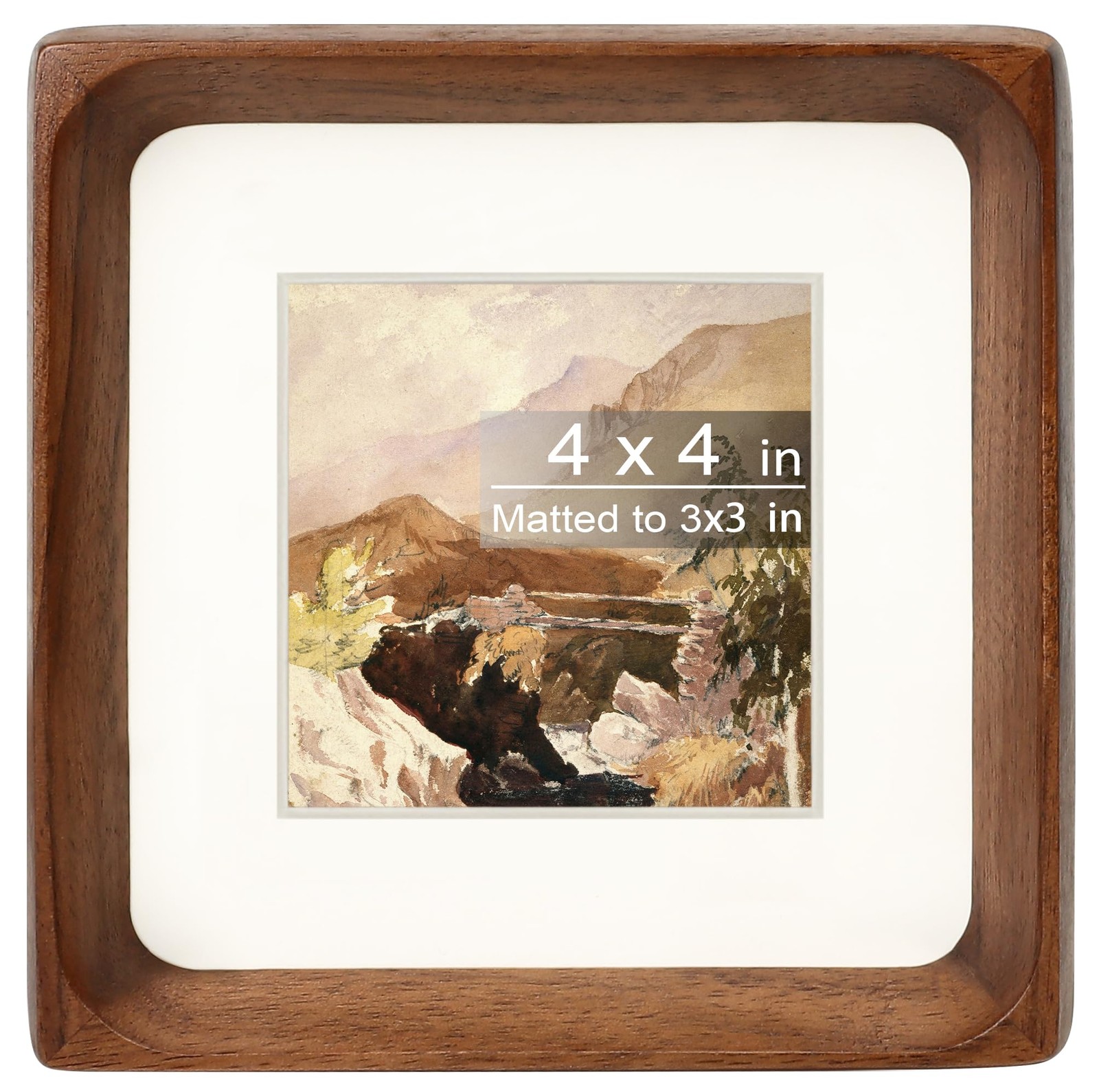 Square 4×4 Picture Frame with Mat for 3×3, Natural Walnut Wood Handcrafted Ro…