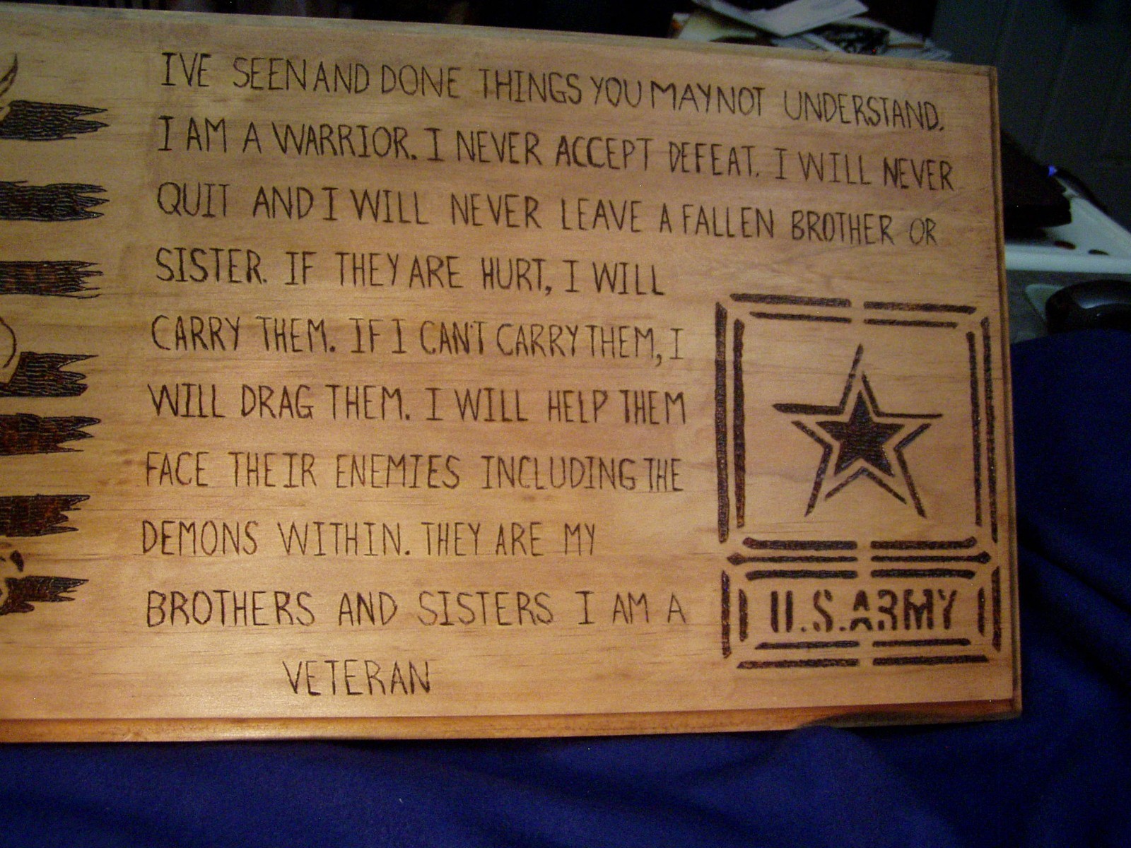Hand Burned Wood Plaque for Military Veteran
