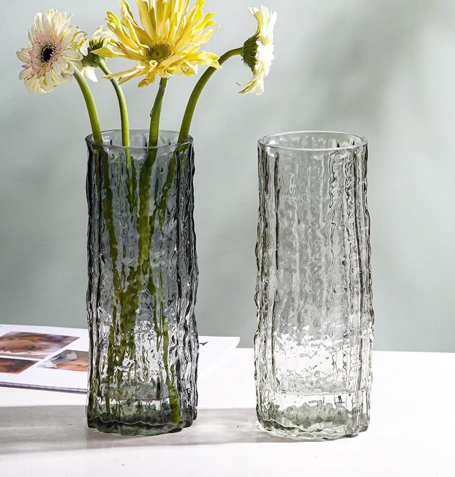 9.8 Inch Black Glass Vase, Glacier Glass Flower Vase, Boho Cylinder Ribbed Va…