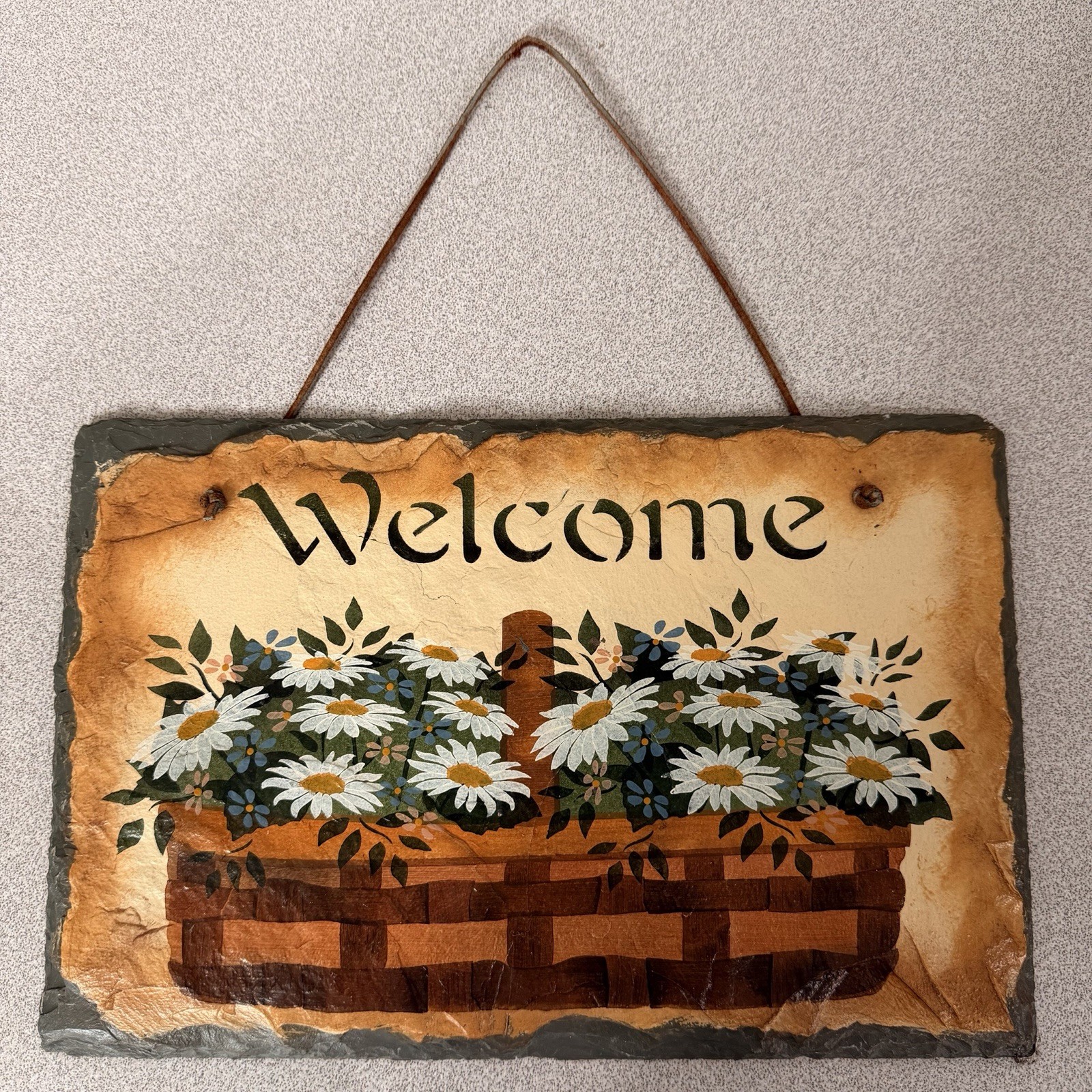 Vtg Slate Hand Painted Welcome Sign Floral Basket Wall Decor Signed 12×8 Daisies