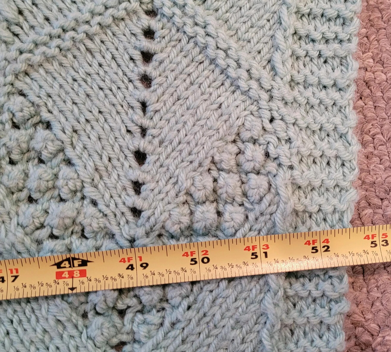 Vintage Hand Knit Aqua Fringed Afghan 52″ x 68″ Warm and Cozy
