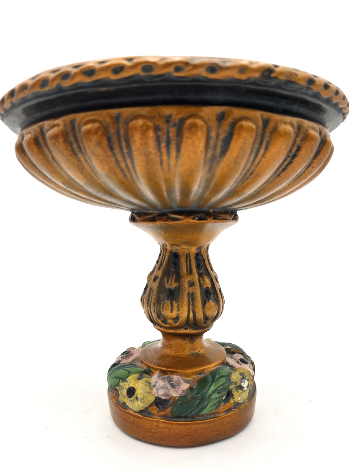 Floral Pedestal Compote Bowl Tazza Black Gold 9in Centerpiece Italy VTG