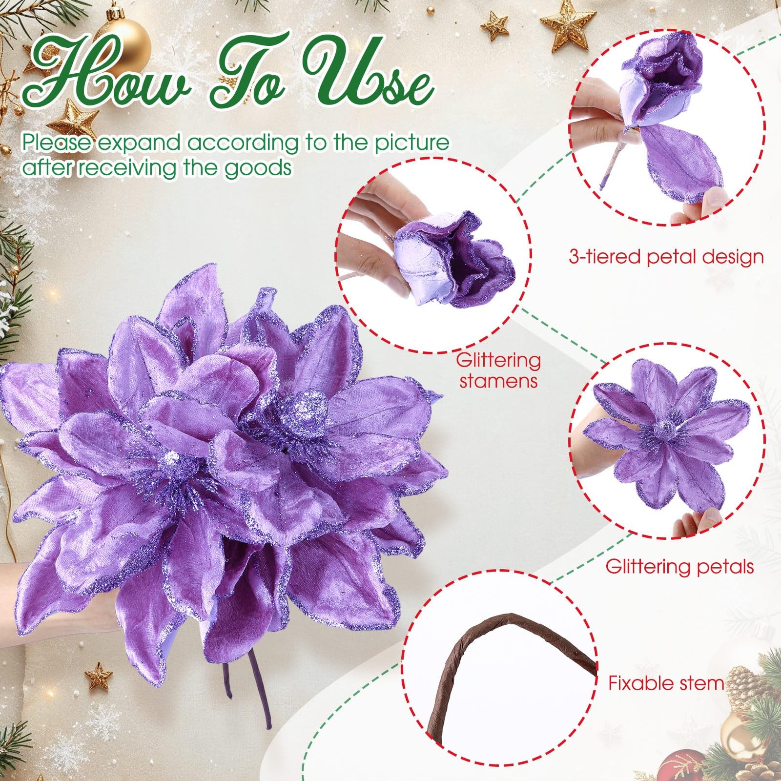 18 Pcs 12″ 9.8″ Large Poinsettia Flowers Artificial for Christmas Tree Glitte…
