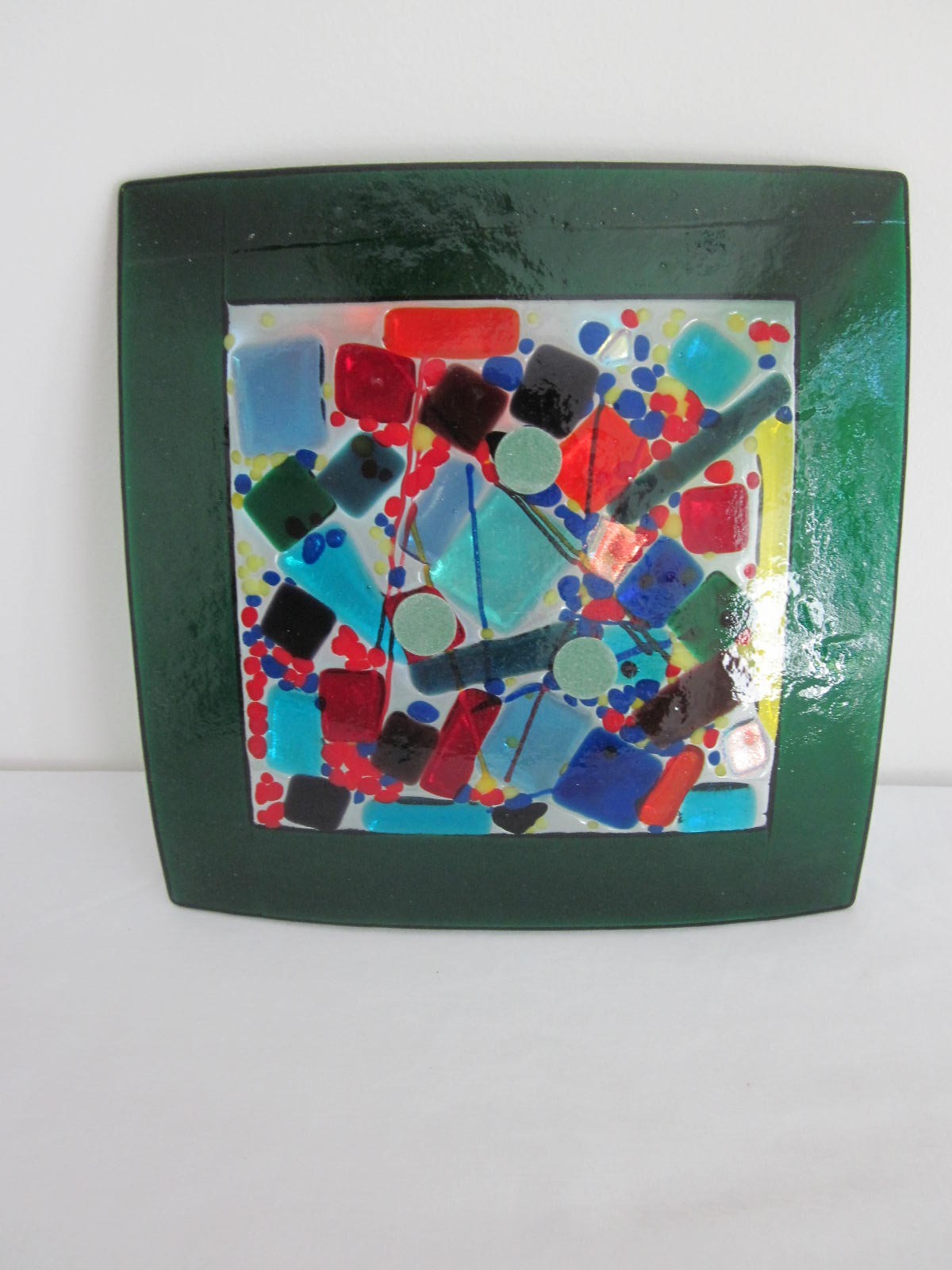 Fused Art Glass Multicolor Dichroic Square Trinket Candy Dish Plate 7×7 Inches