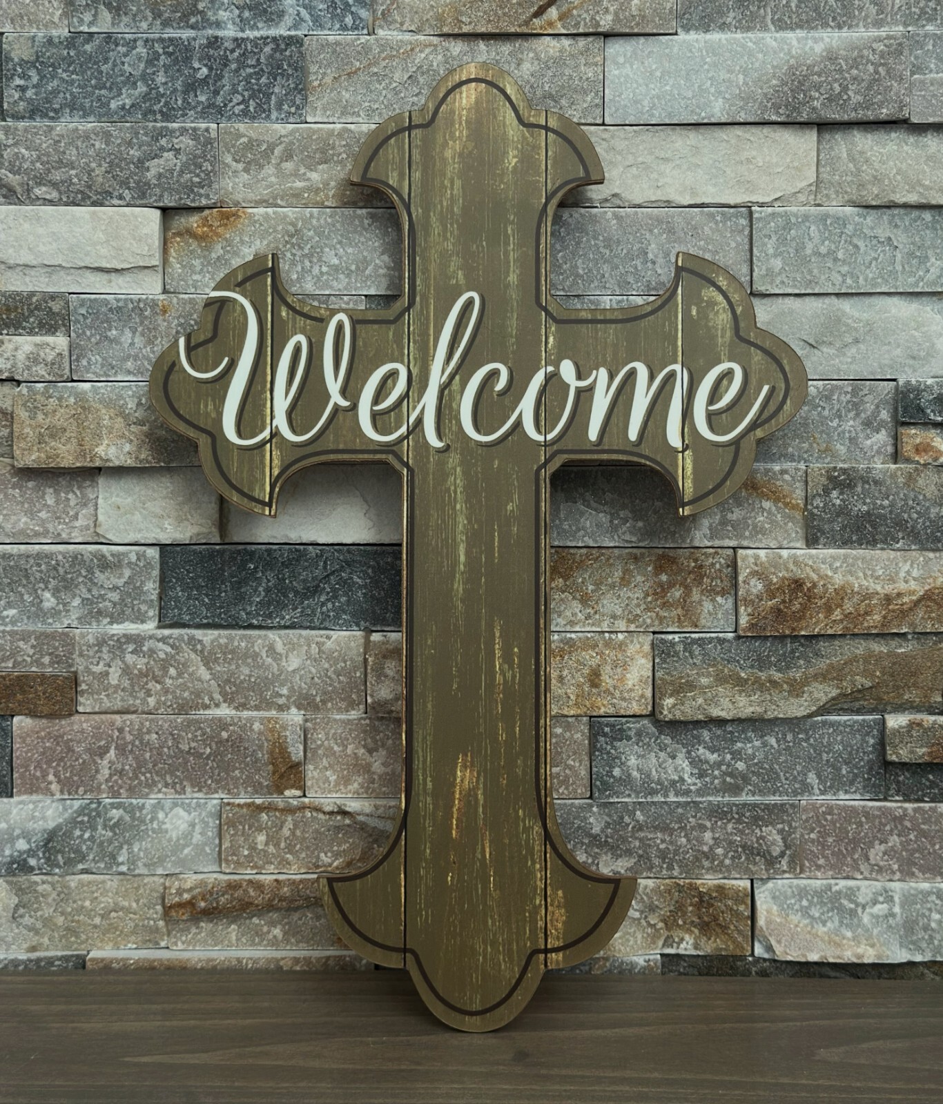 Welcome Cross Front Door Sign – 16″ x 11″, Brown, Christian Decor