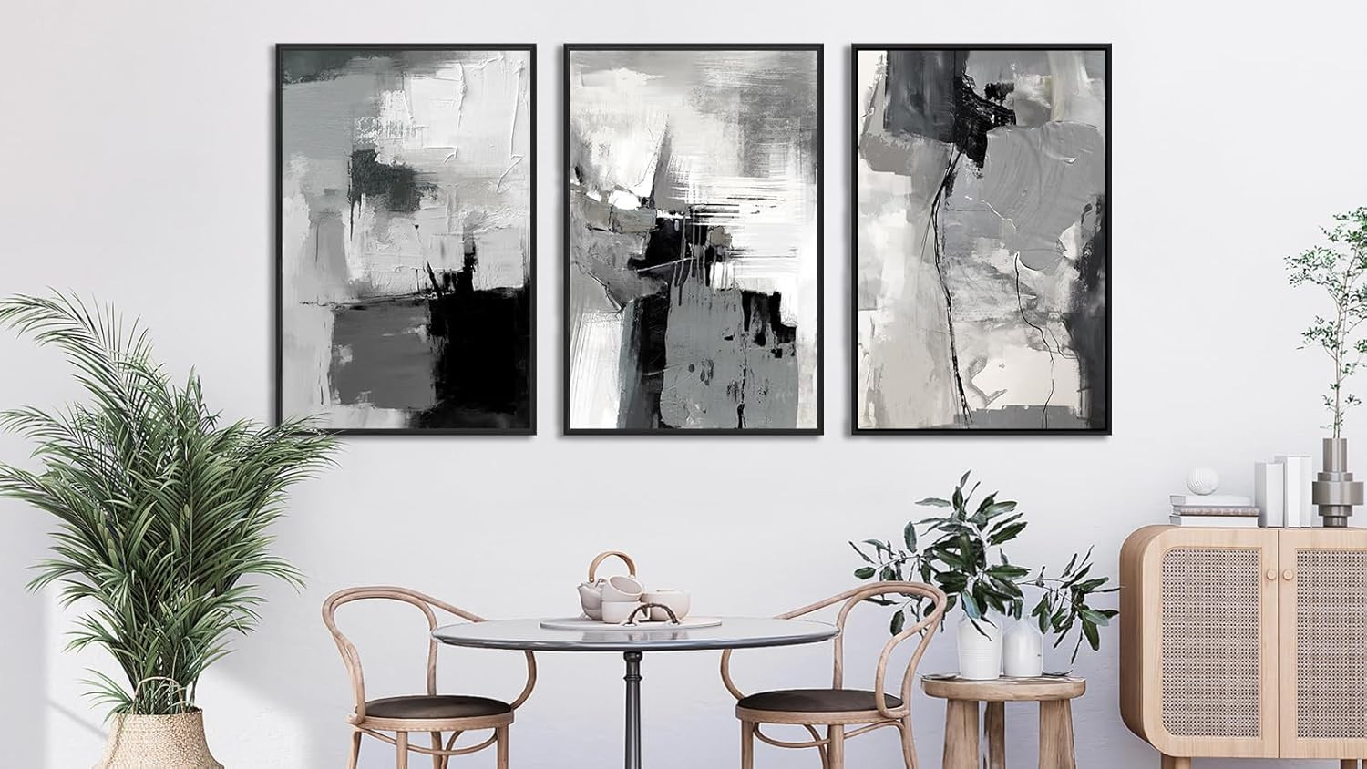 Retro Grey Graffiti Canvas Art – 3-Piece Framed Wall Decor for Living Room