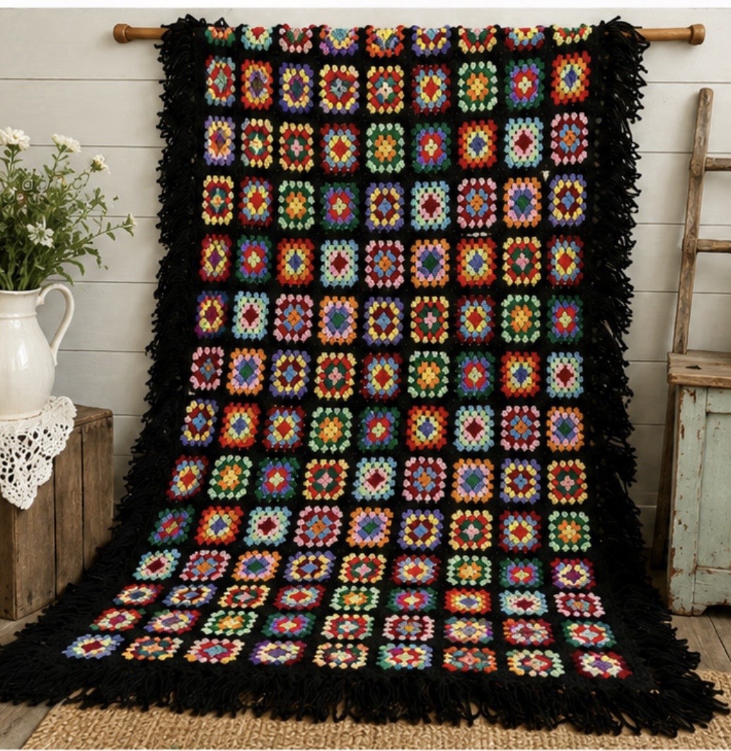 Vintage Granny Square Crochet Blanket Multicolor Black Fringe Bohemian Rectangle