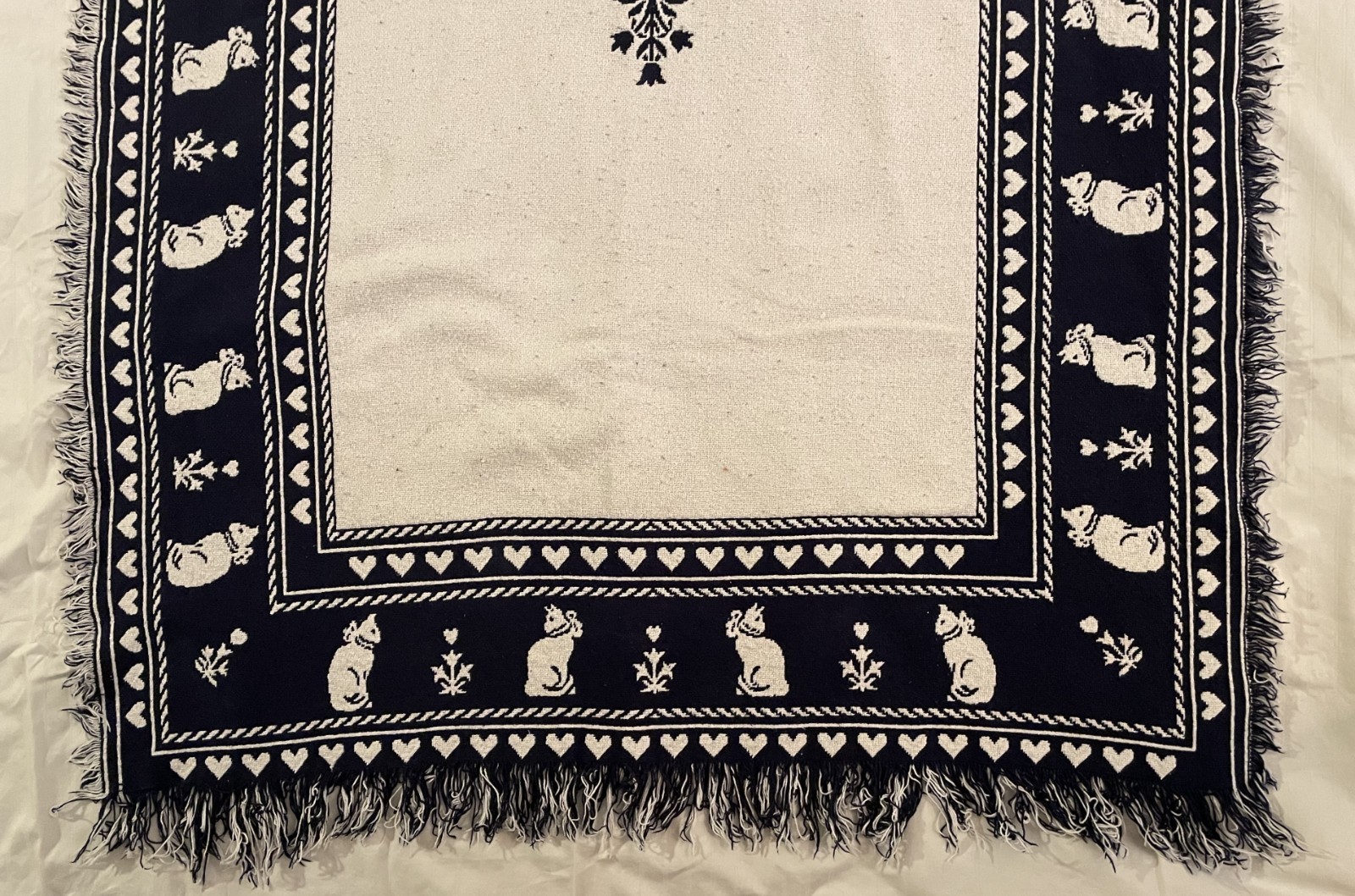 Vintage Cats & Hearts Tapestry Reversible Throw Blanket with Fringe Navy Blue