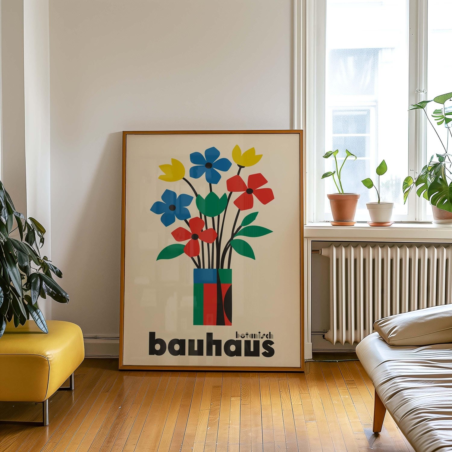 Bauhaus Botanical Flower Poster, Minimal Colorful Retro Wall Art Print
