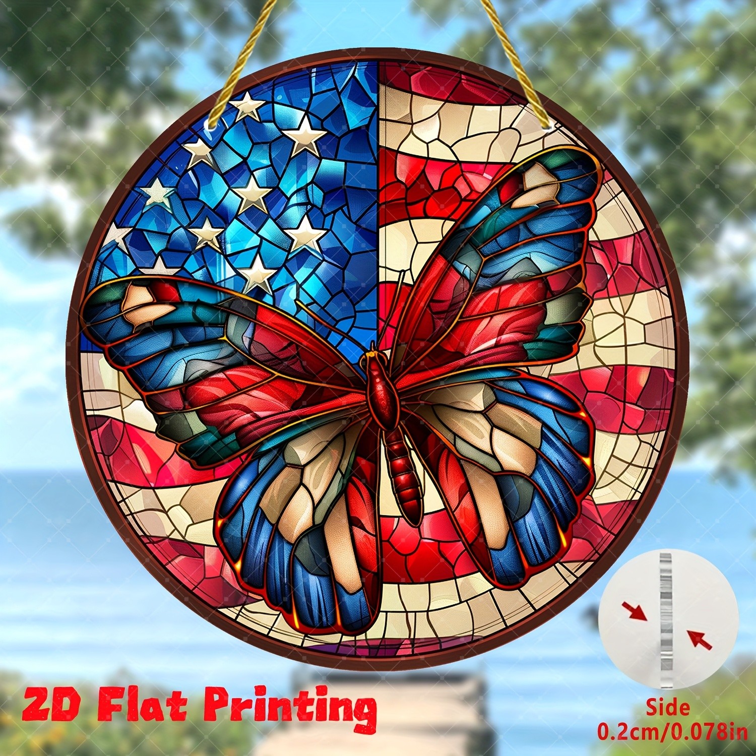 Patriotic American Flag Butterfly Acrylic Suncatcher Round Wall Decor Gift