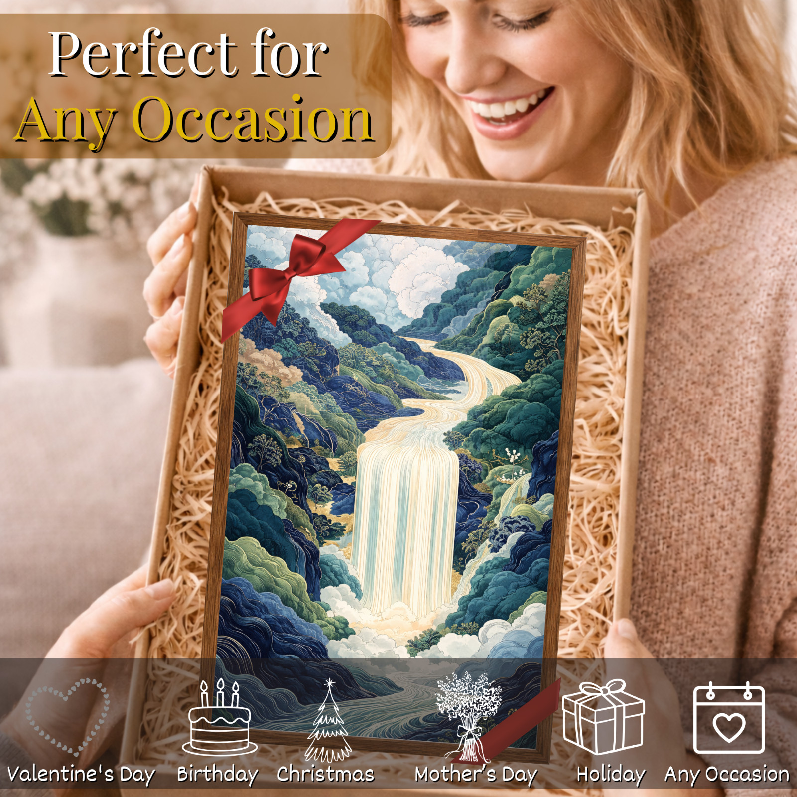 Japanese Waterfall Wall Art Framed 11×17 Asian Landscape Print Zen Nature Decor