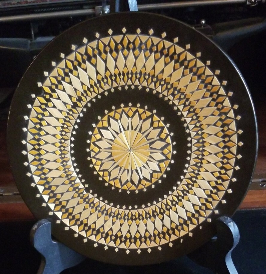 Russian Plate Ceramic Inlay Geometric Design 7.75 In Brown,Gold- repaired