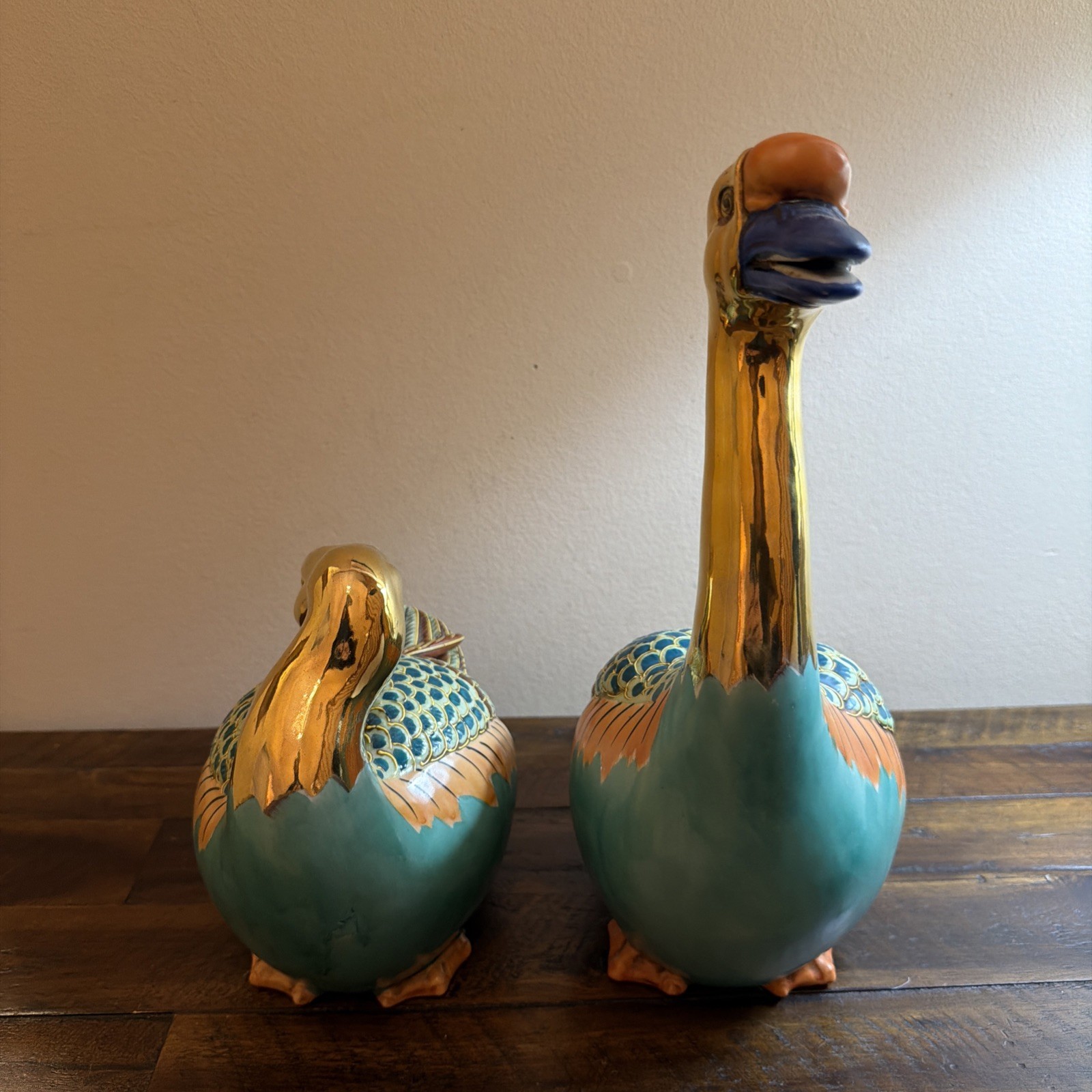 2 Vintage Geese Hand Painted Enamel Gold Luster Asian Japanese Decor Colorful