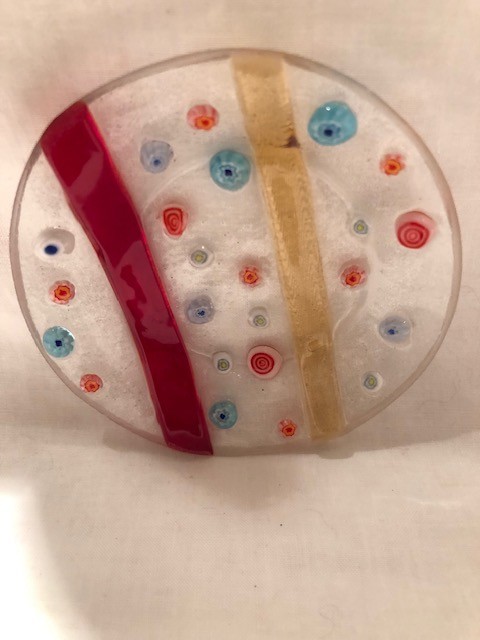 Fused Studio Art Glass Millefiori Trinket Dish Round 3.25″ Clear Stripes