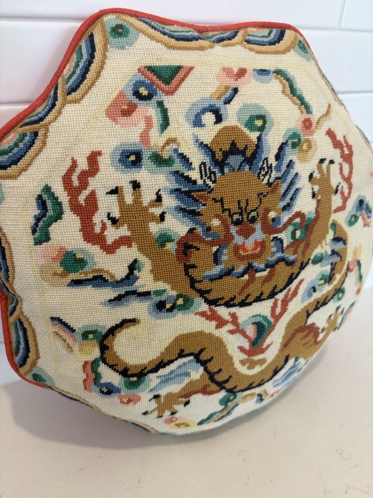 Vintage Octoganal Chinese Dragon Needlepoint Pillow-multicolor