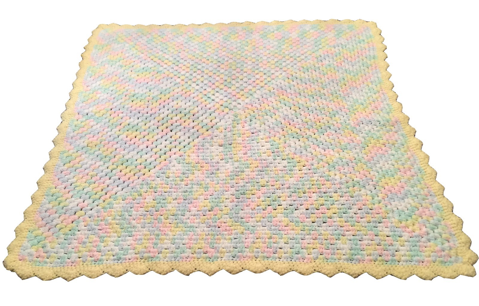 Handmade Crochet Baby Afghan 33″x33″ Square Unisex Blue Pink Green Yellow Border