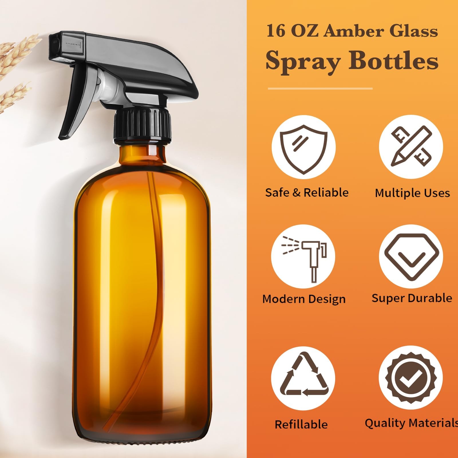 2 Pack Amber Glass Spray Bottles 16 Oz Refillable Bottles