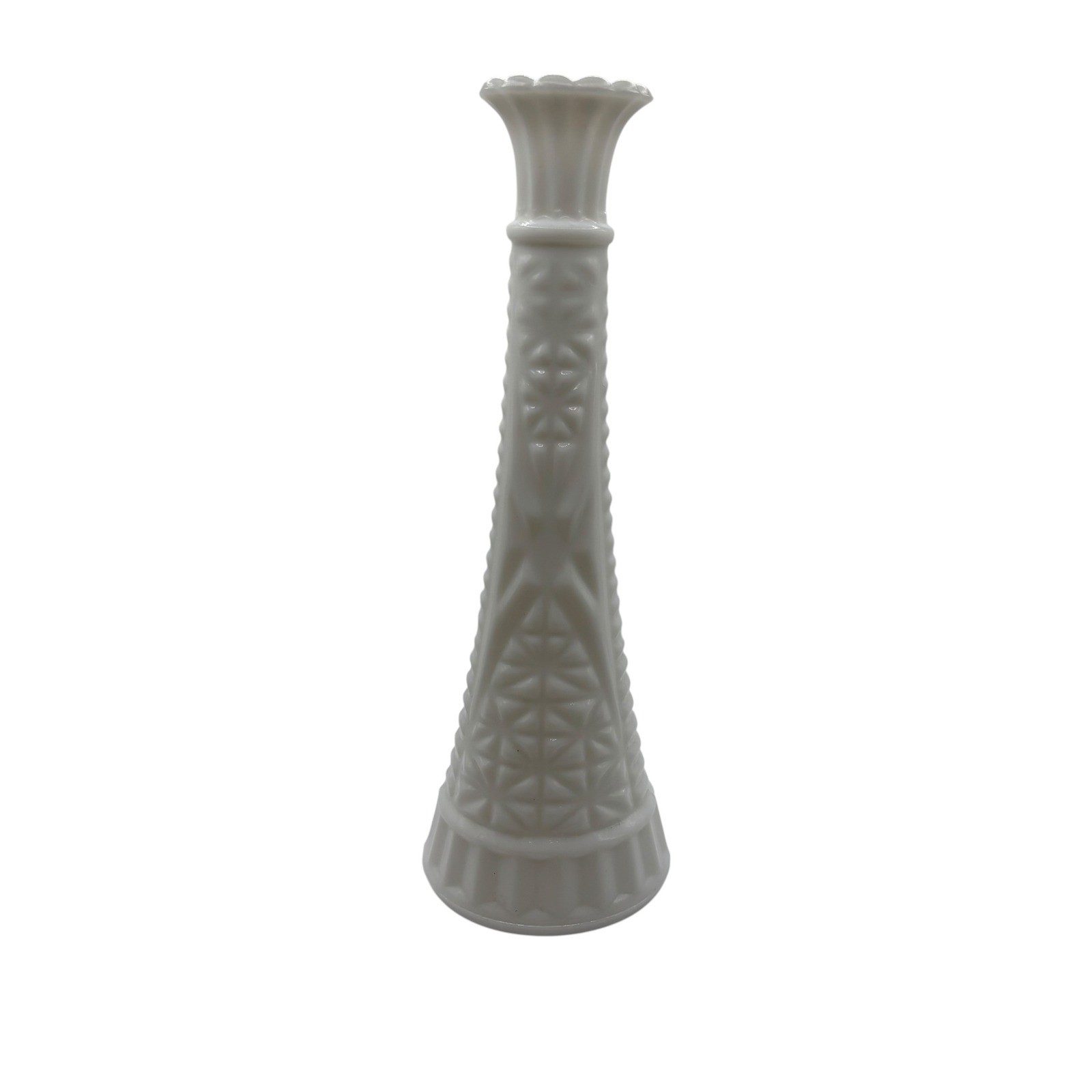 Vintage Milk Glass Bud Vase Geometric Pattern Textured Floral Rim 9 Inch