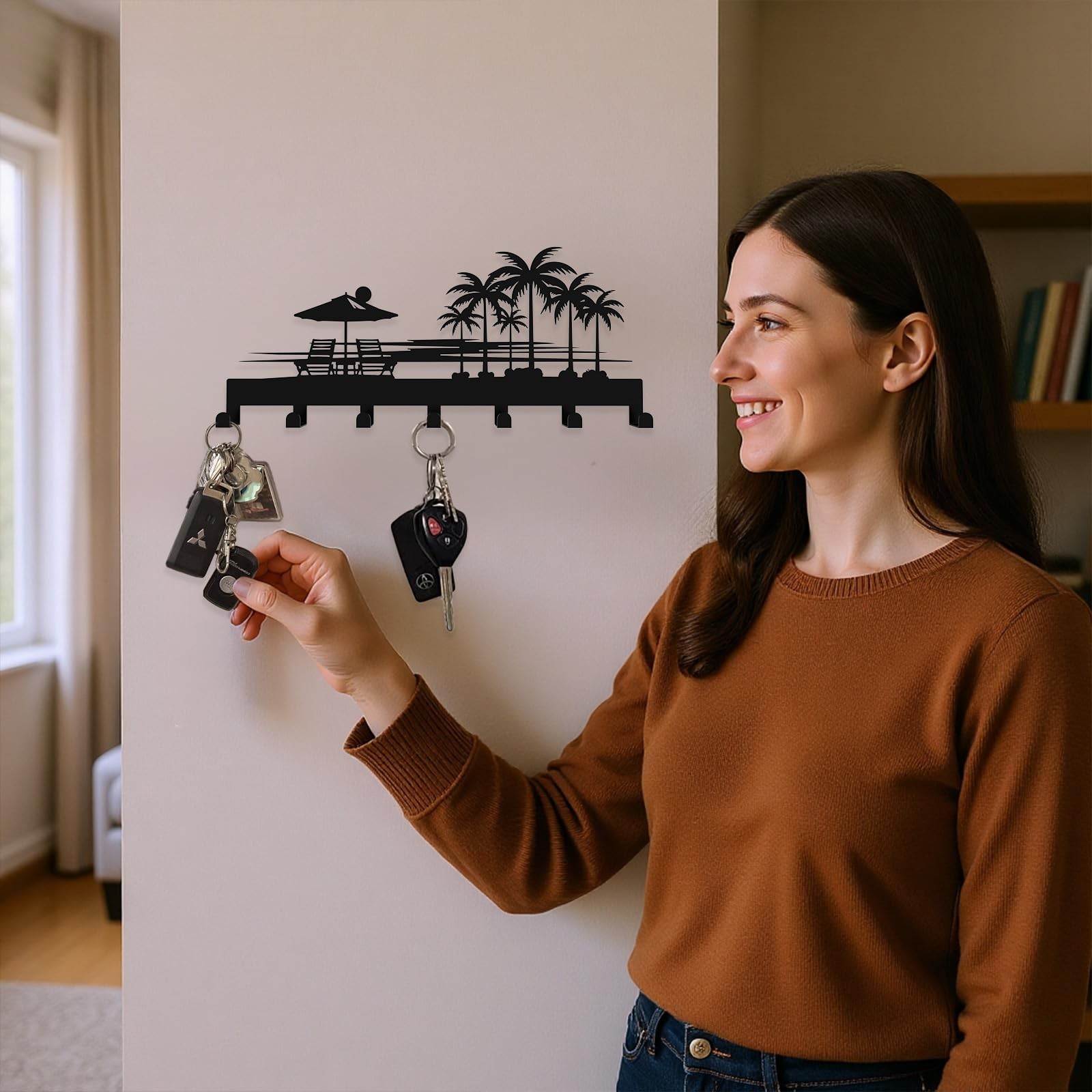 Tropical Style Key Holder Wall Mount Setting Sun and Coconut Trees