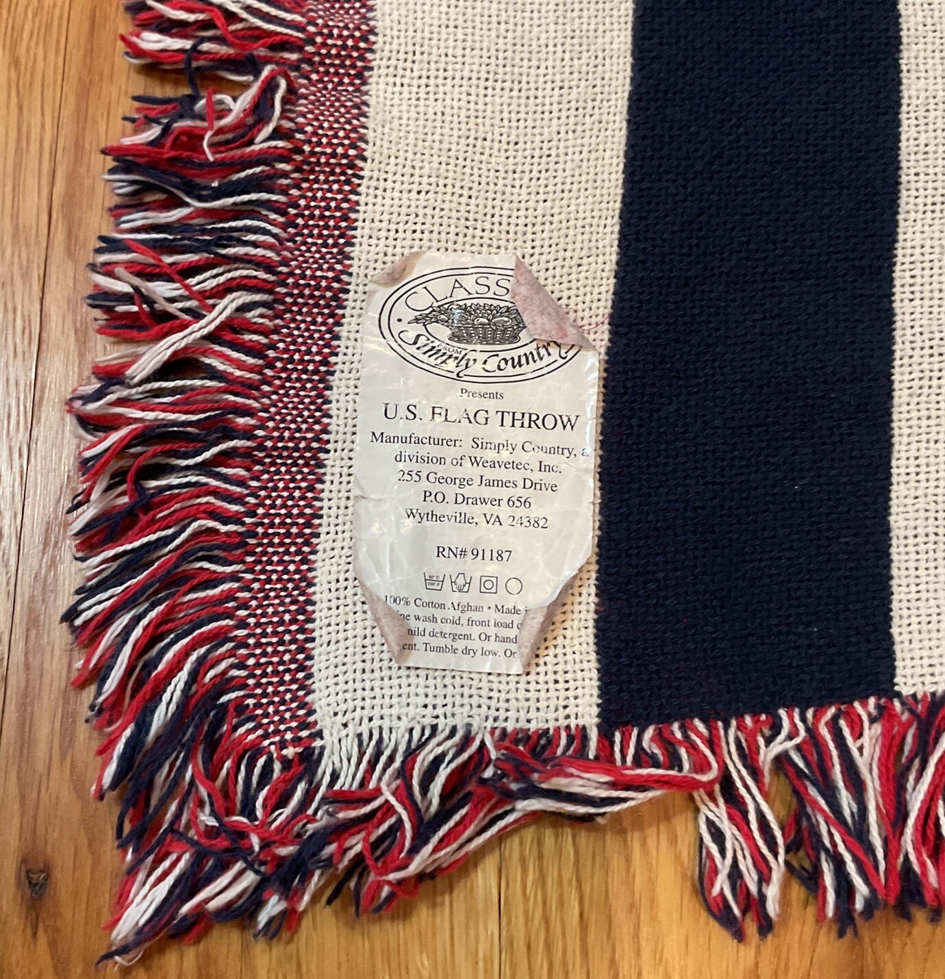 Classics Simply Country US Flag Throw Afghan Fringed Cotton Patriotic USA 48×39”