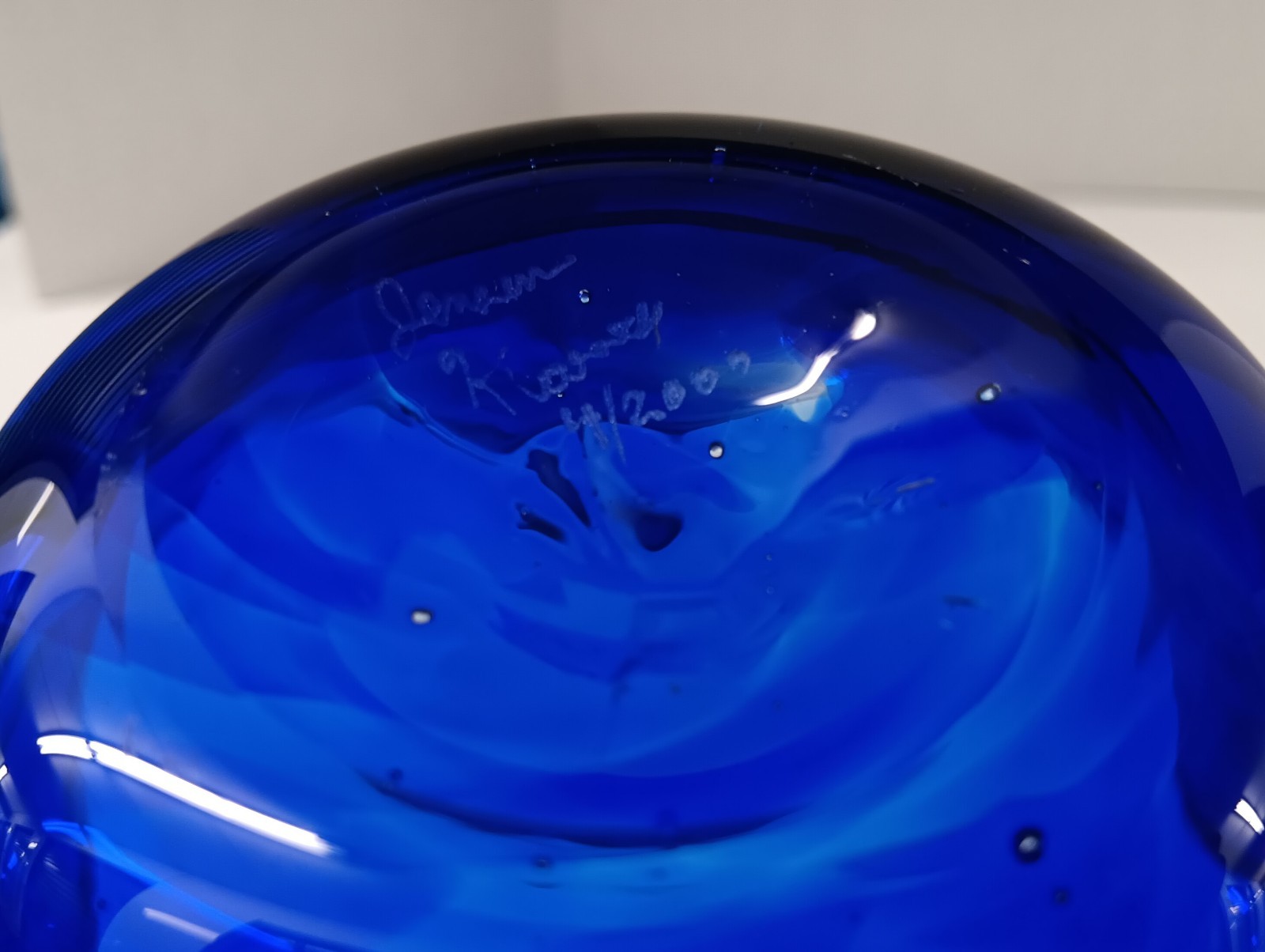 Jensen K…(?) Signed Cobalt Blue Bordered Blue Handkerchief Glass Bowl
