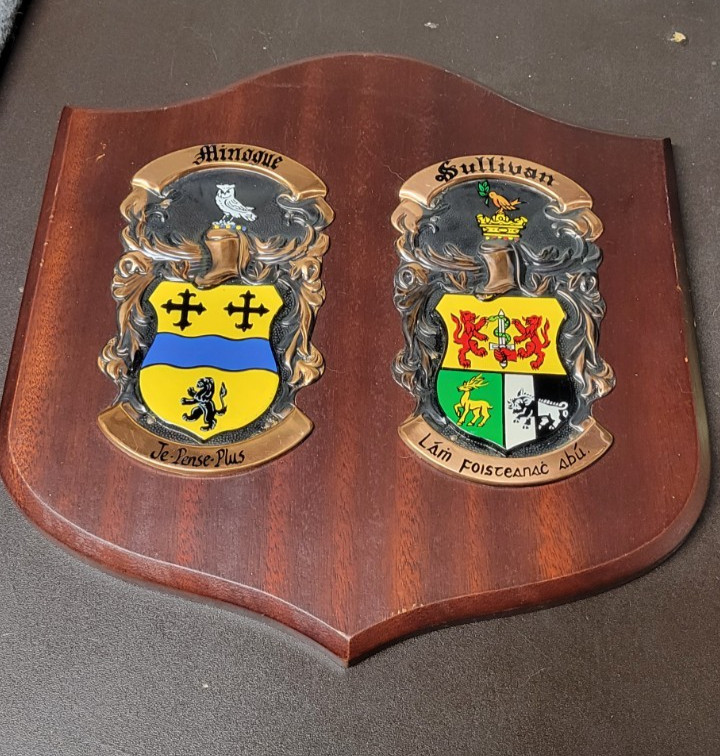 Dublin Ireland Heraldic Artists Vtg Name Crest Plaque Sullivan & Minogue 10″W