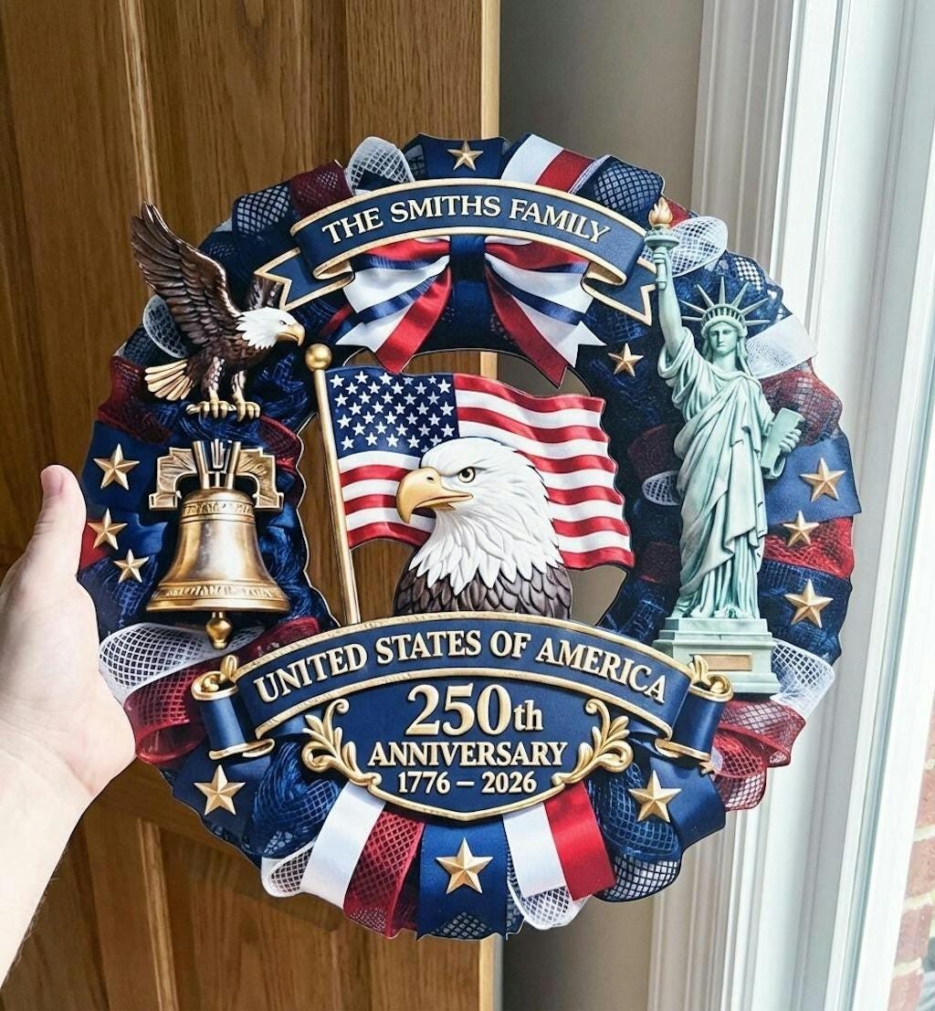 Personalized America 250th Anniversary Wood Wreath 1776-2026 Patriotic Door Sign