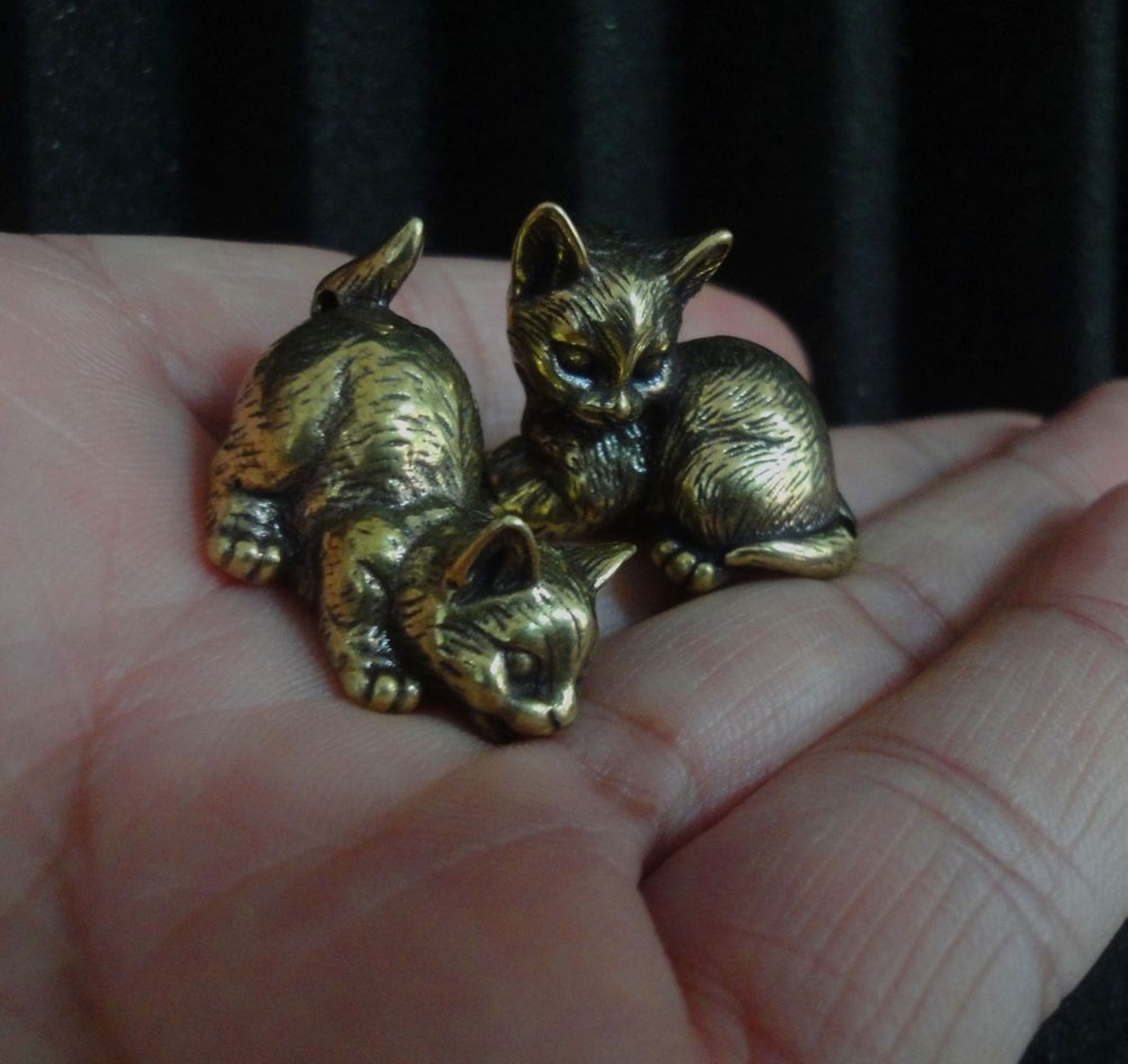 Pair of Vintage Style Solid Brass Copper Cats Animals Statues for Keychain