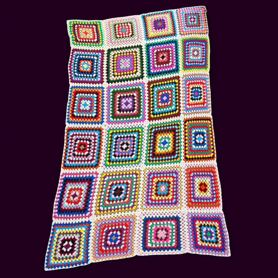 Vintage Handmade Large Colorful Granny Square Crochet Hippie Afghan