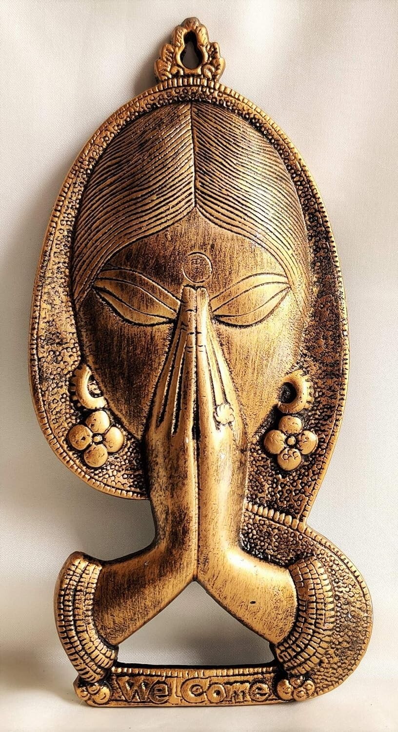 Indian Tradition Brass Art Ware Welcome Namaste Lady Metal Hanging Wall Decor