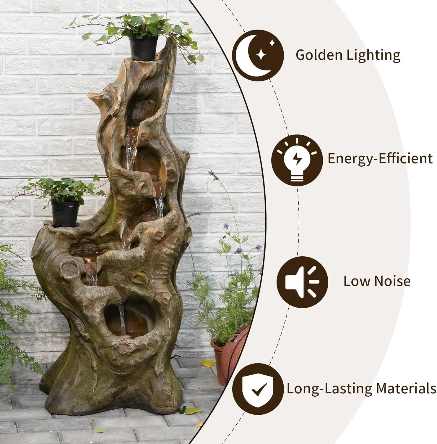 Water Fountain Outdoor 5-Tiers Large Cascading Realistic Tree Trunk Natural Wate