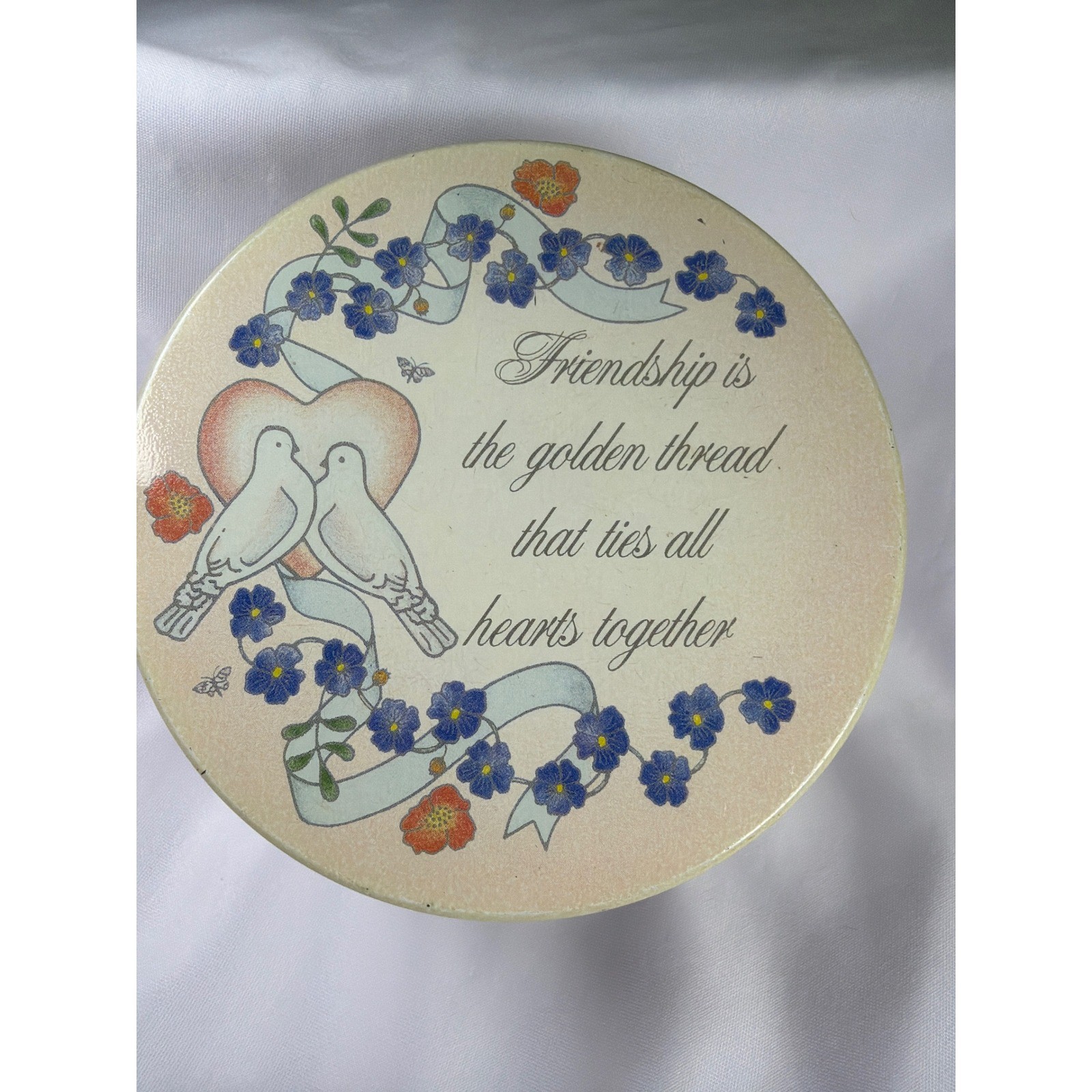 Friendship Doves Round Metal Keepsake Tin Pink Floral Vintage Style 6″ So Cute!!