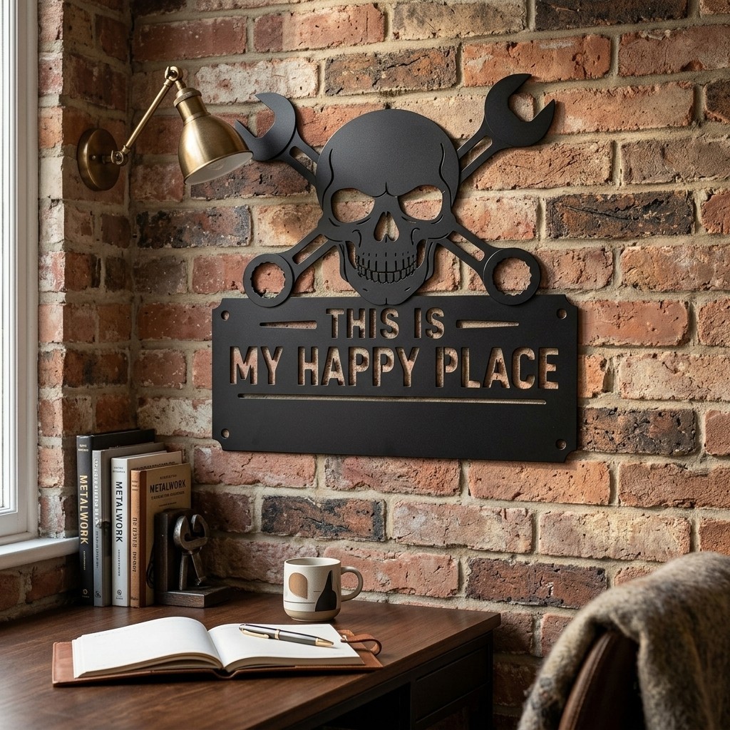 Edgy Skull & Wrenches Metal Wall Sign | This is My Happy Place Don’t Ruin It