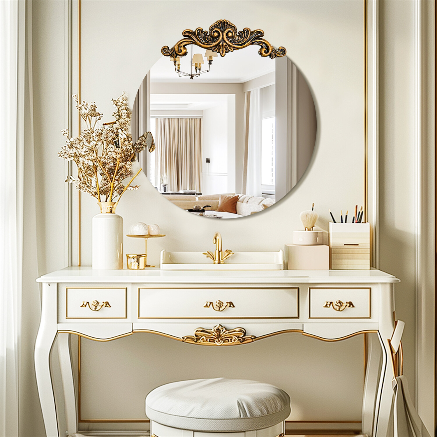 4 Sizes Baroque Round Wall Glass Mirror Top 3D Embossed Back Framed Art Decor