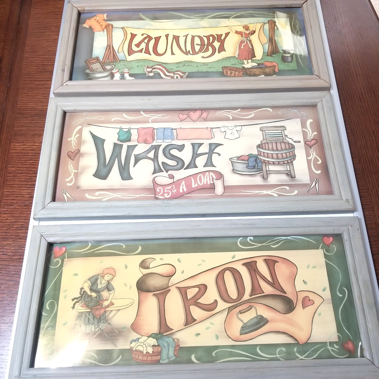Laundry Wall Art Set of 3 – Wash Iron Laundry Signs – Distressed Wood Look 10×22