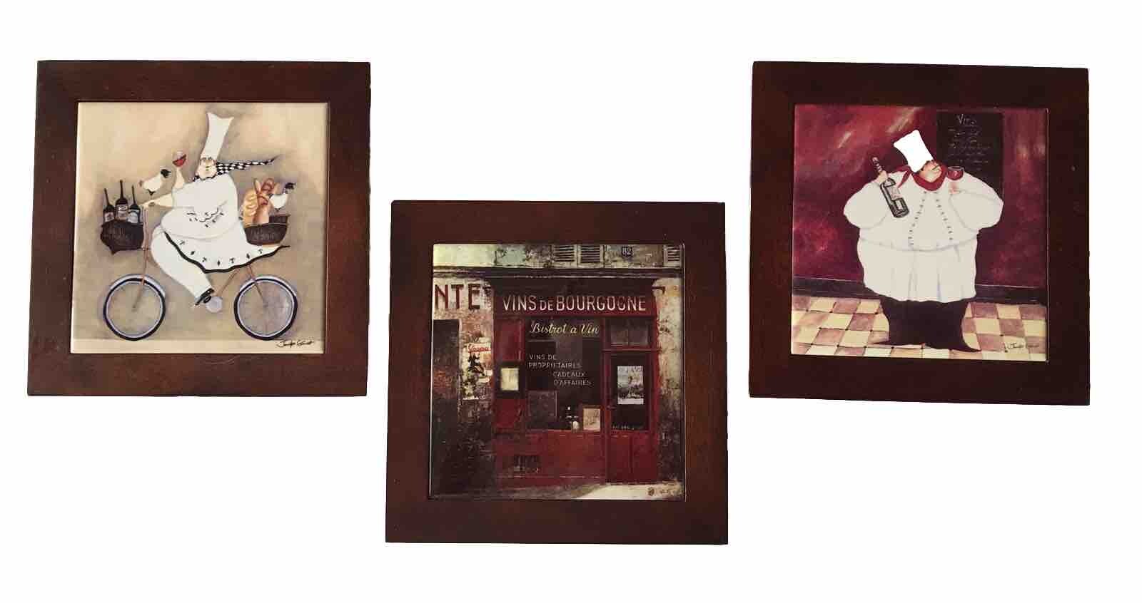 Jennifer Garant Fat French Chef Ceramic Tile Wall Wine Bread Wood Frame Italian