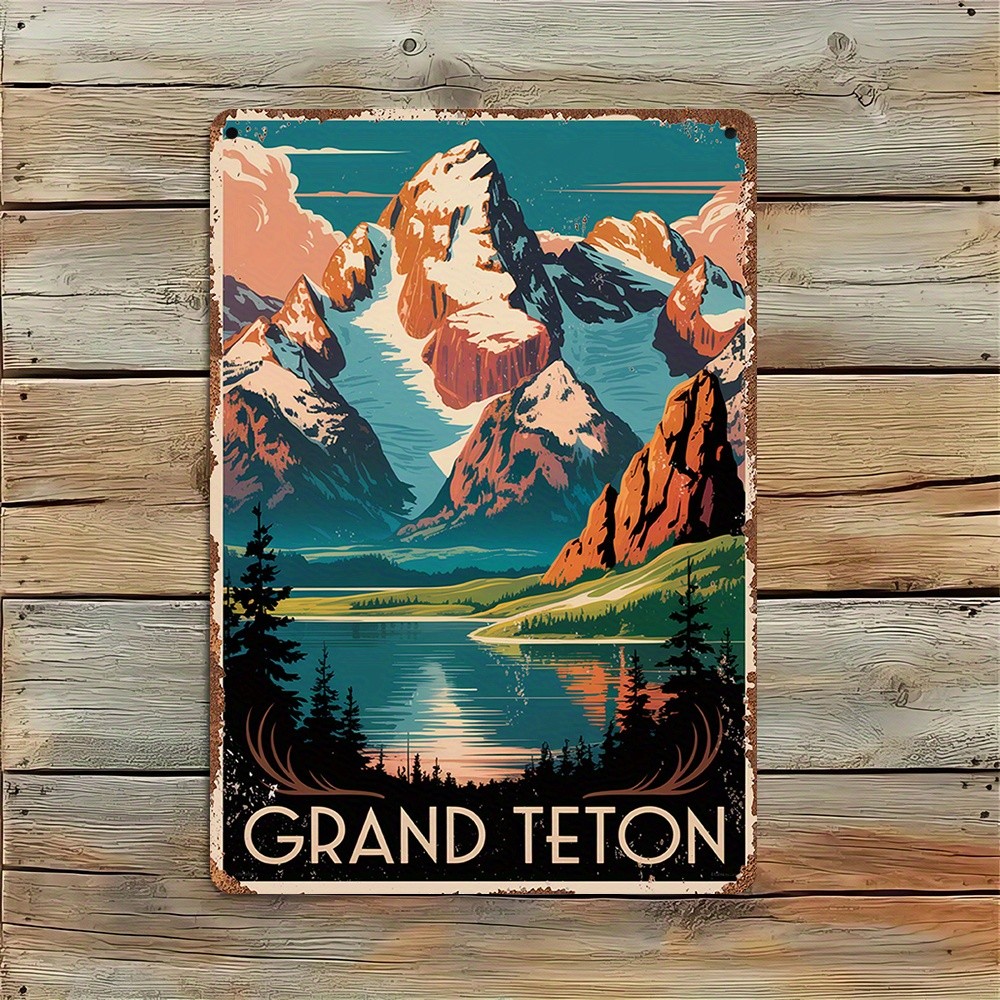 Grand Teton National Park Retro Metal Sign Mountain Landscape Travel Wall Decor