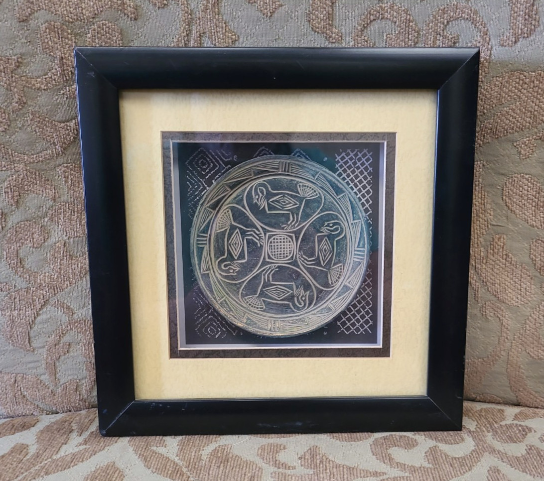 Framed with Matting & Glass ShadowBox Clay Plate Mayan/Aztec Design 8″Square