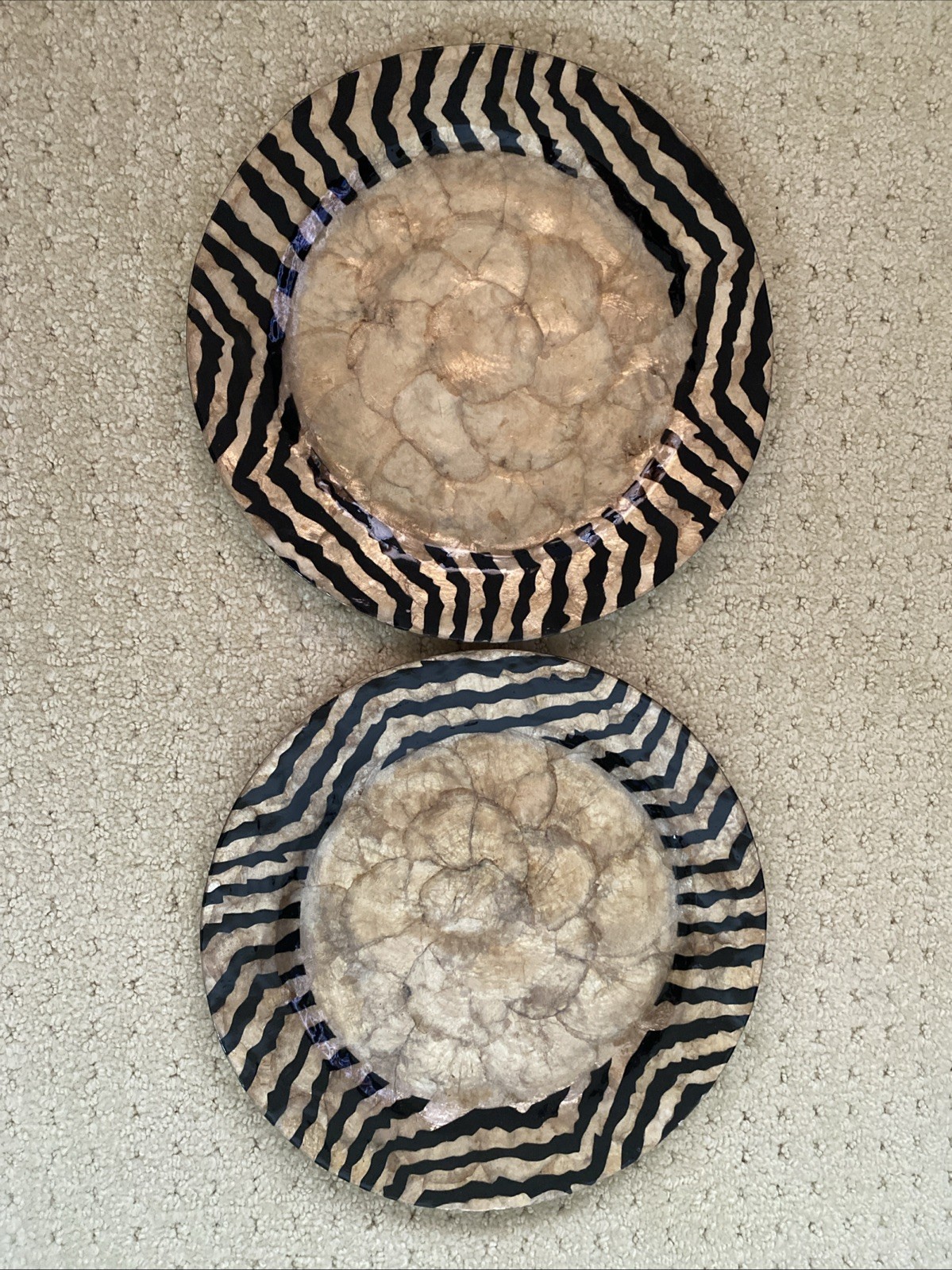 2 Kappa Shell Charger With Zebra Print Border, Hand Painted Made in Philippines