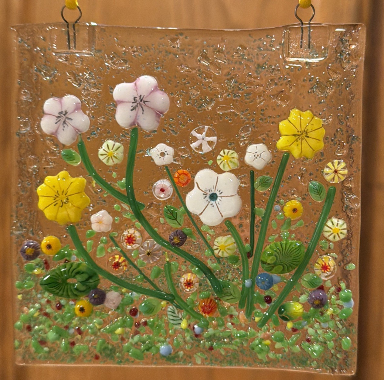 Fused Glass Handmade Square 4”x 4” Multicolor Sun Catcher Signed By Artist