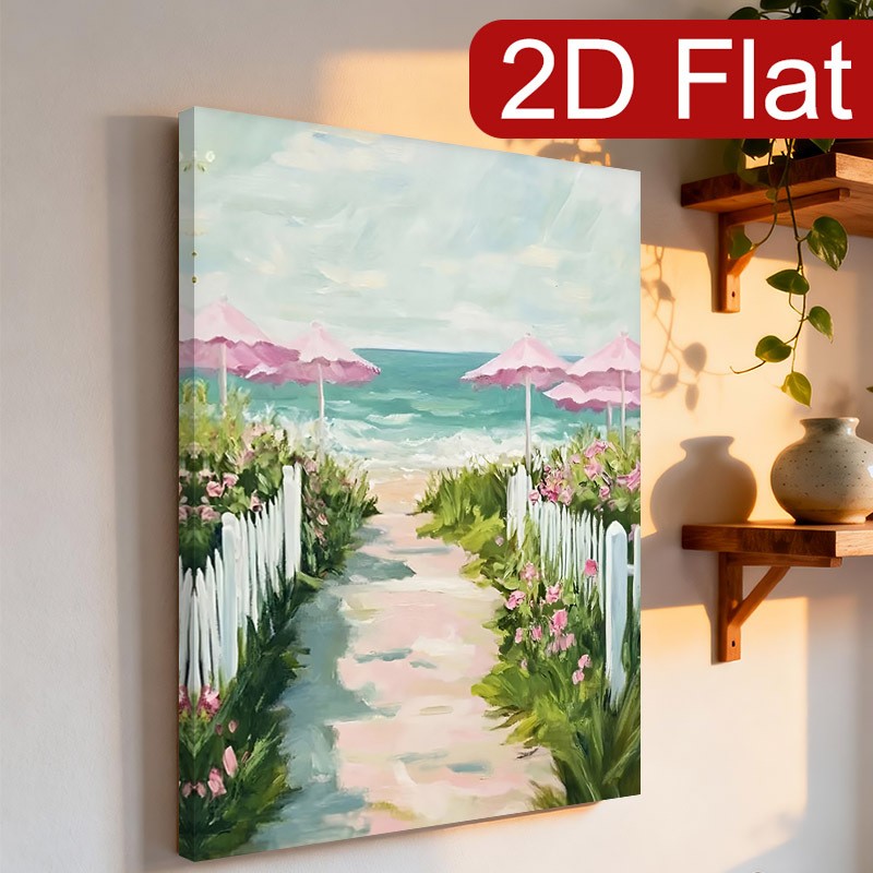 Coastal Beach Path with Pink Umbrellas Canvas Wall Art, Tropical Floral Decor