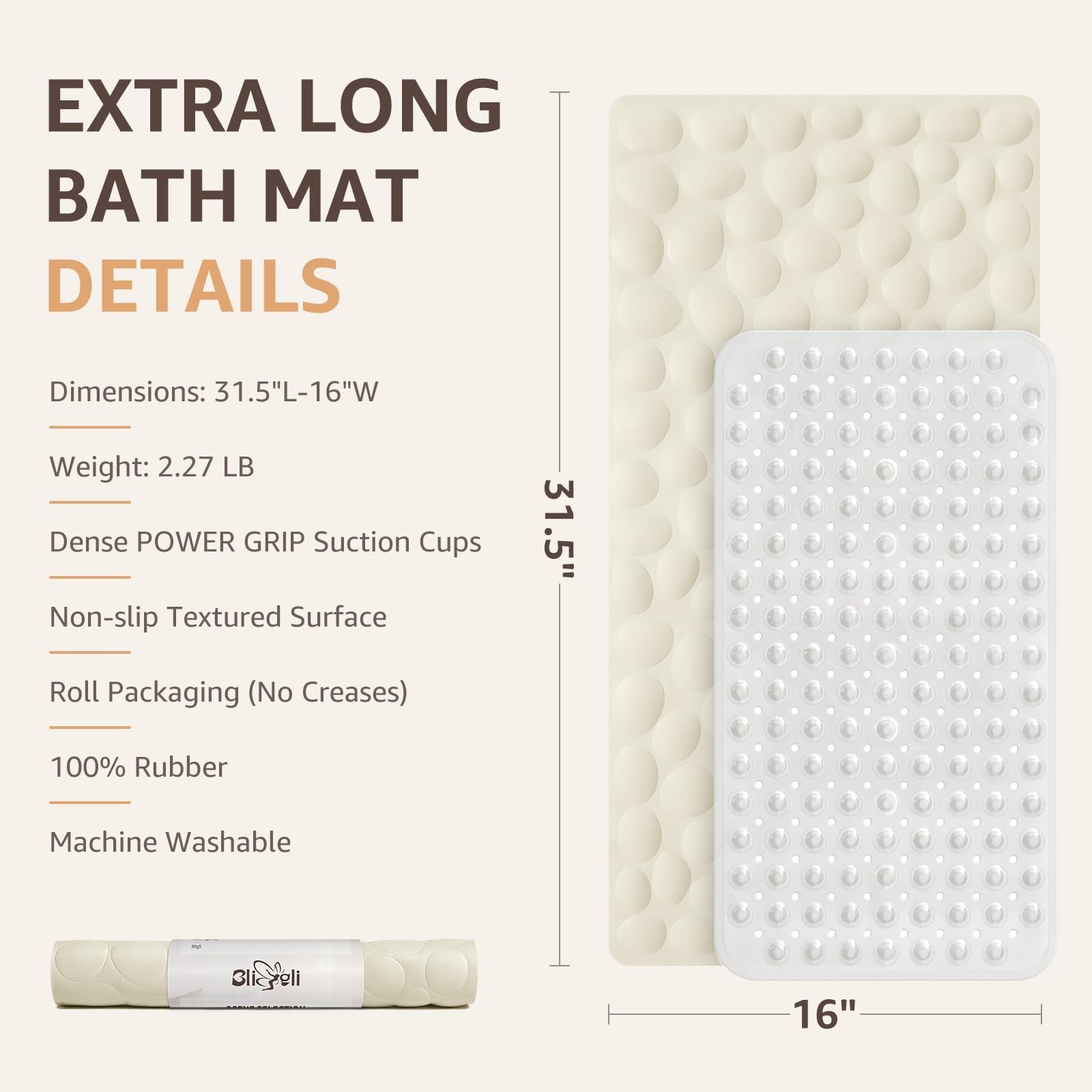 Bligli Non Slip Bathtub Mat, 16×31.5 Inch Standard Non-Slip Bathmats with Str…
